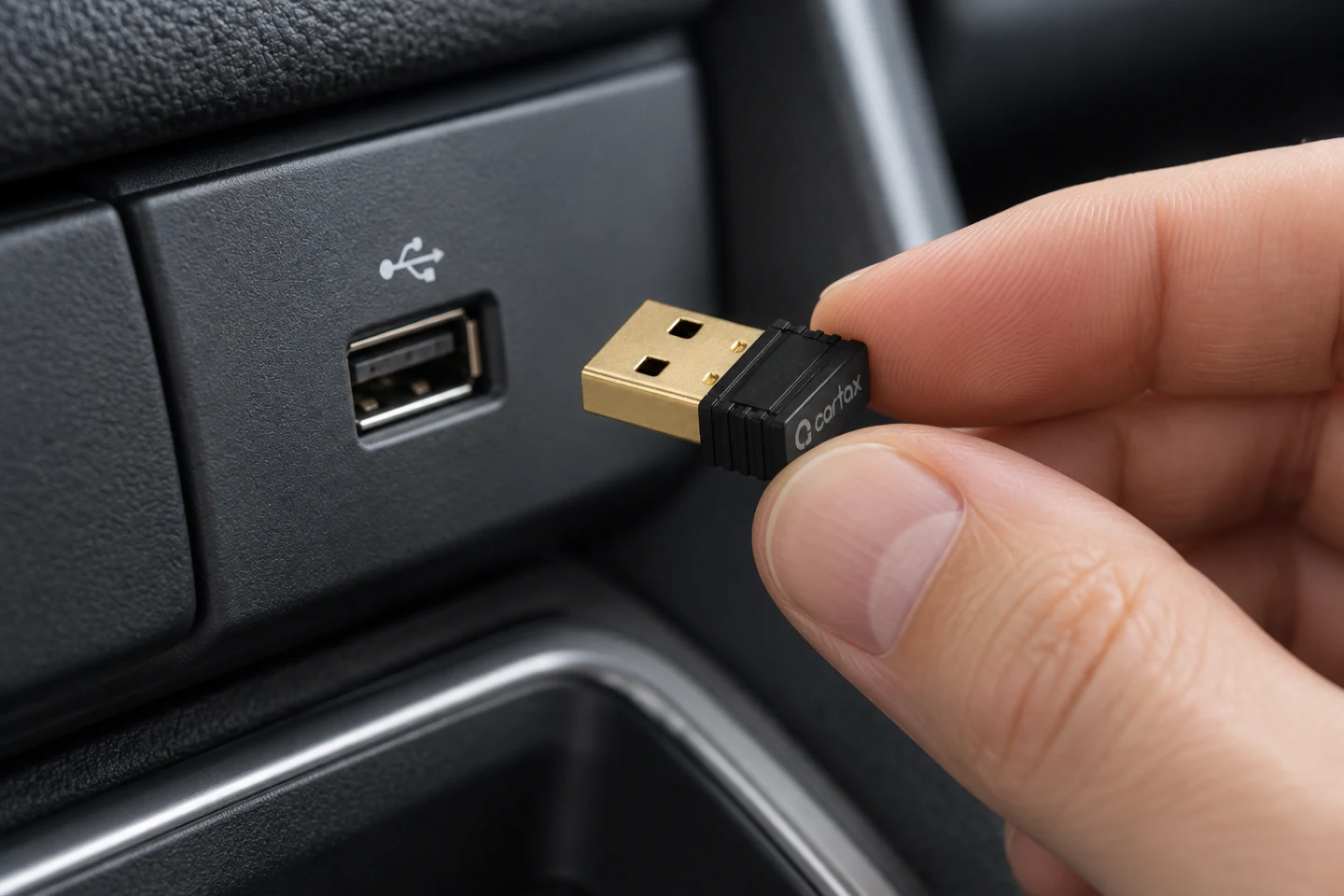 손으로 작은 카택스 USB 비콘을 잡고 차량 USB 포트에 연결하기 직전의 모습