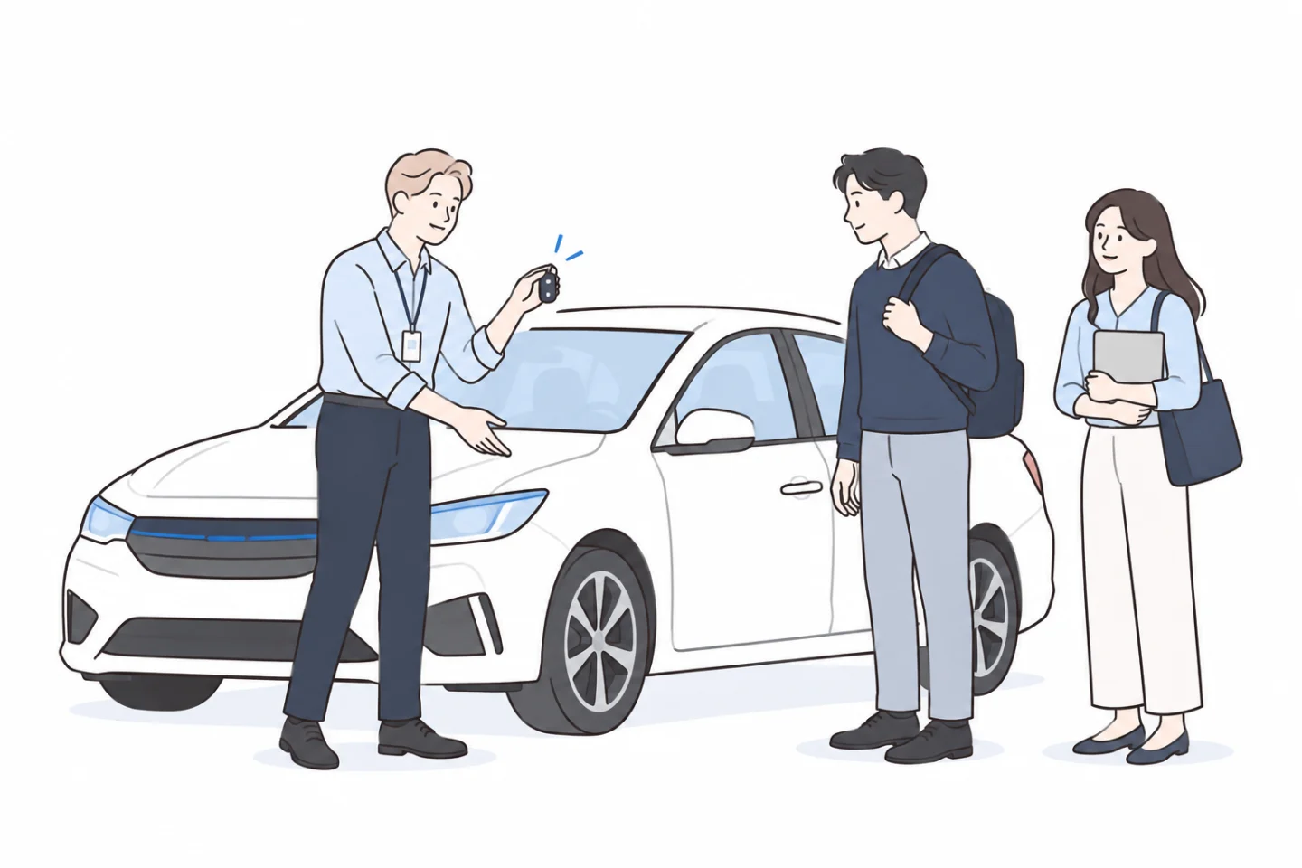 회사 차량 한 대를 여러 직원이 번갈아 이용하는 상황 일러스트